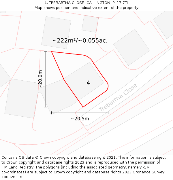 4, TREBARTHA CLOSE, CALLINGTON, PL17 7TL: Plot and title map