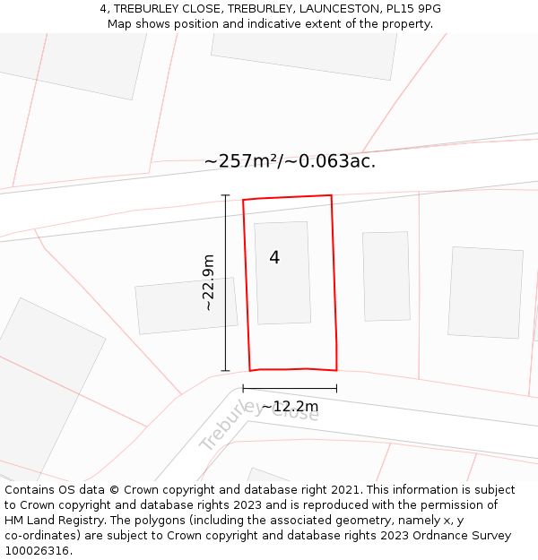 4, TREBURLEY CLOSE, TREBURLEY, LAUNCESTON, PL15 9PG: Plot and title map
