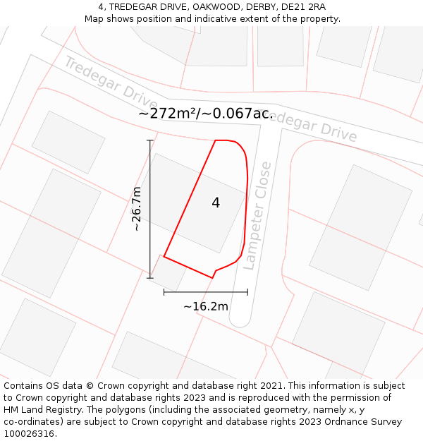 4, TREDEGAR DRIVE, OAKWOOD, DERBY, DE21 2RA: Plot and title map
