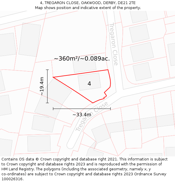 4, TREGARON CLOSE, OAKWOOD, DERBY, DE21 2TE: Plot and title map