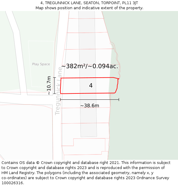 4, TREGUNNICK LANE, SEATON, TORPOINT, PL11 3JT: Plot and title map