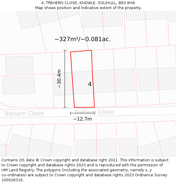 4, TREHERN CLOSE, KNOWLE, SOLIHULL, B93 9HA: Plot and title map