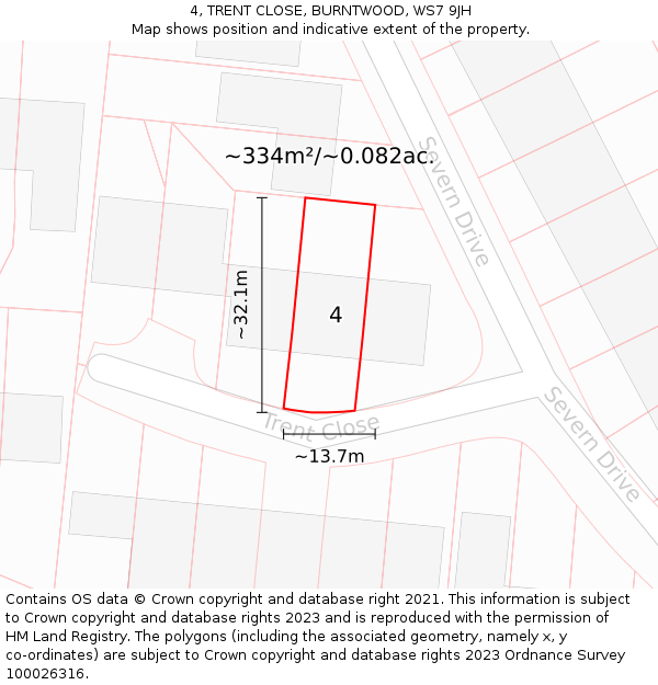 4, TRENT CLOSE, BURNTWOOD, WS7 9JH: Plot and title map