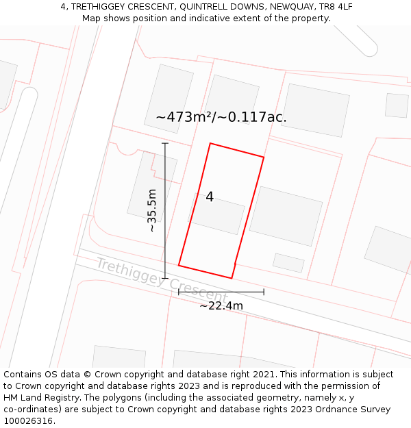 4, TRETHIGGEY CRESCENT, QUINTRELL DOWNS, NEWQUAY, TR8 4LF: Plot and title map