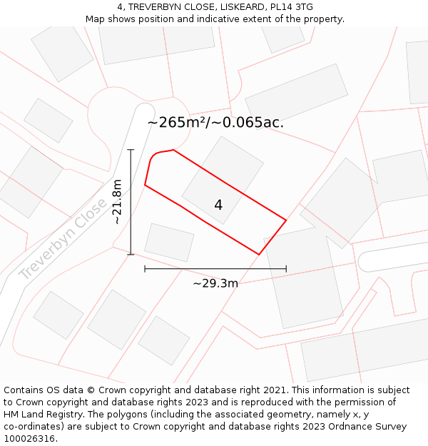 4, TREVERBYN CLOSE, LISKEARD, PL14 3TG: Plot and title map