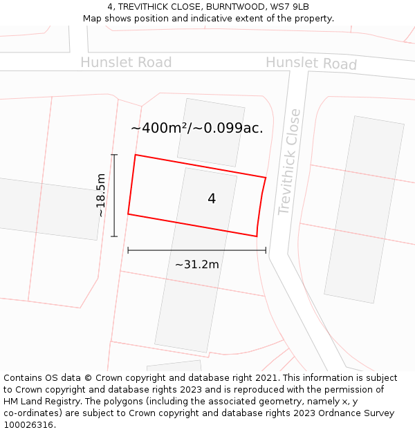 4, TREVITHICK CLOSE, BURNTWOOD, WS7 9LB: Plot and title map