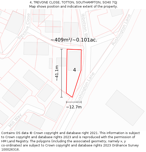 4, TREVONE CLOSE, TOTTON, SOUTHAMPTON, SO40 7QJ: Plot and title map