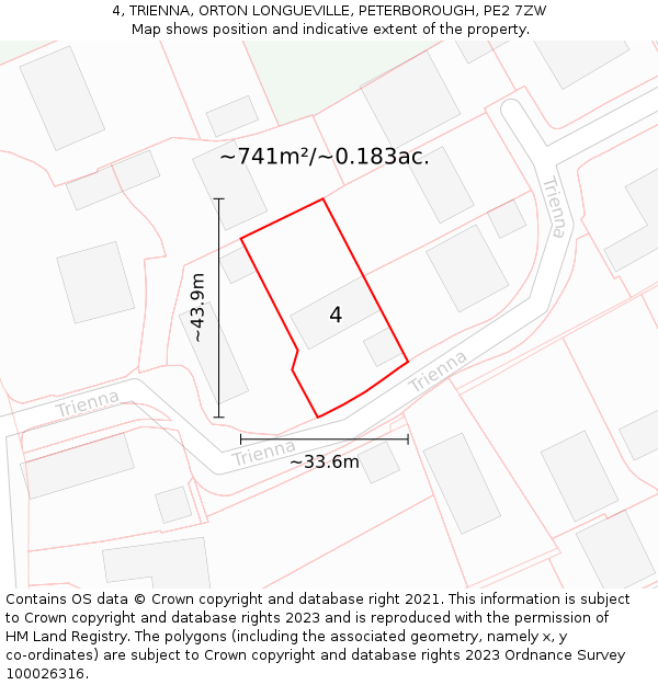 4, TRIENNA, ORTON LONGUEVILLE, PETERBOROUGH, PE2 7ZW: Plot and title map