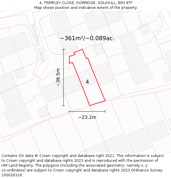 4, TRIMPLEY CLOSE, DORRIDGE, SOLIHULL, B93 8TF: Plot and title map