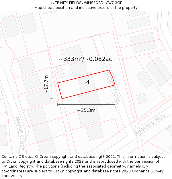 4, TRINITY FIELDS, WINSFORD, CW7 3GP: Plot and title map