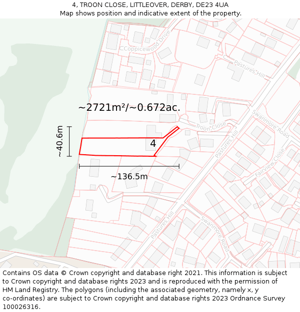 4, TROON CLOSE, LITTLEOVER, DERBY, DE23 4UA: Plot and title map