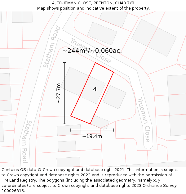 4, TRUEMAN CLOSE, PRENTON, CH43 7YR: Plot and title map