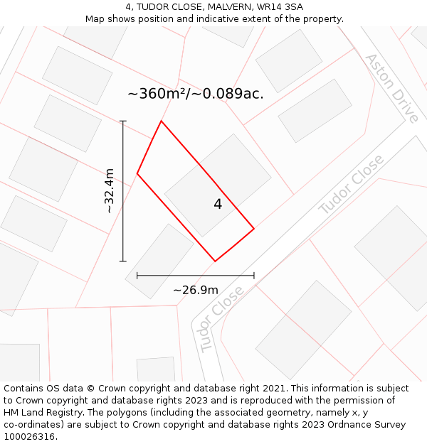 4, TUDOR CLOSE, MALVERN, WR14 3SA: Plot and title map