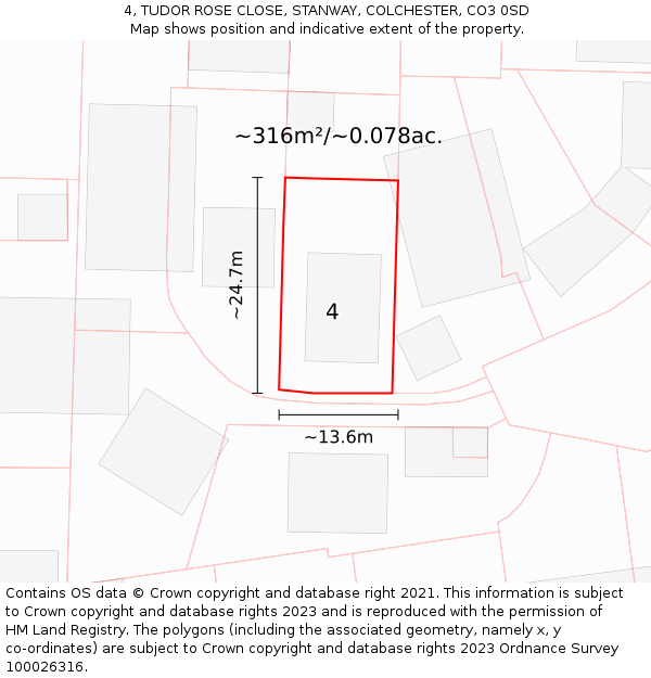 4, TUDOR ROSE CLOSE, STANWAY, COLCHESTER, CO3 0SD: Plot and title map