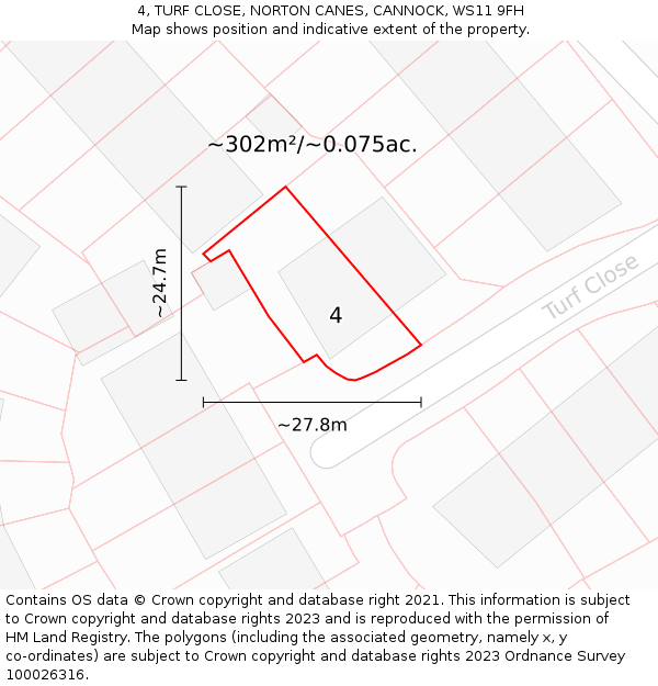 4, TURF CLOSE, NORTON CANES, CANNOCK, WS11 9FH: Plot and title map