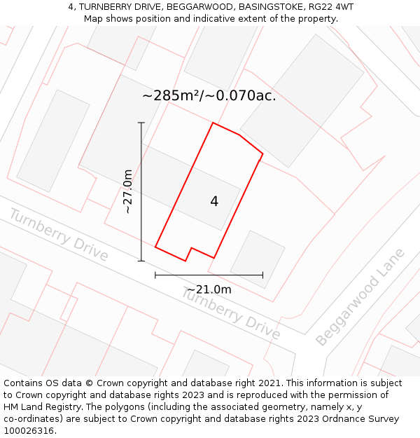 4, TURNBERRY DRIVE, BEGGARWOOD, BASINGSTOKE, RG22 4WT: Plot and title map