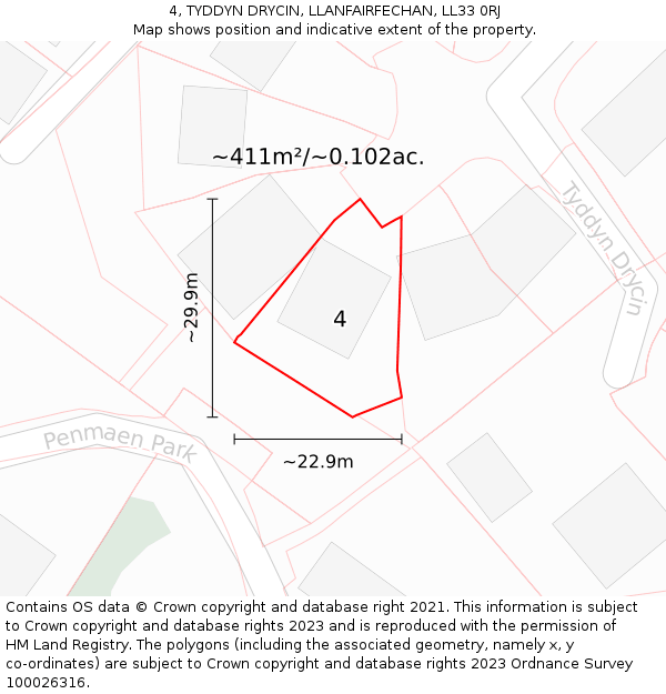 4, TYDDYN DRYCIN, LLANFAIRFECHAN, LL33 0RJ: Plot and title map