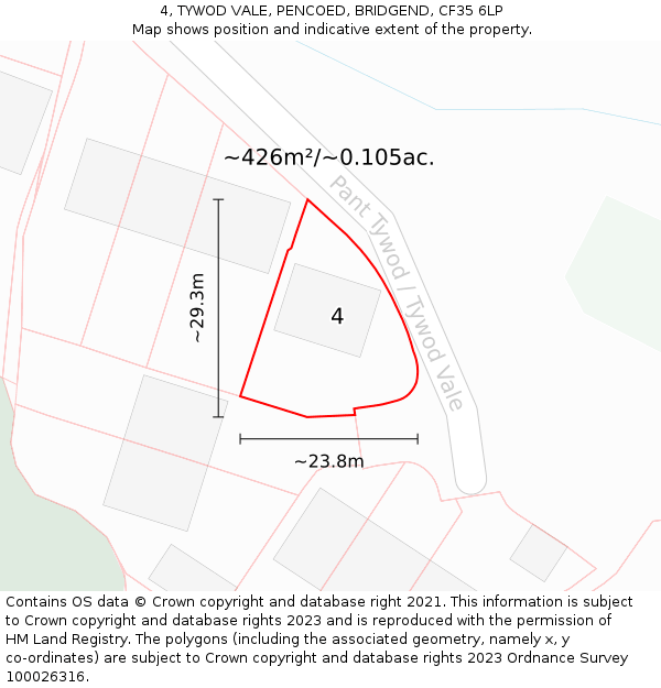 4, TYWOD VALE, PENCOED, BRIDGEND, CF35 6LP: Plot and title map