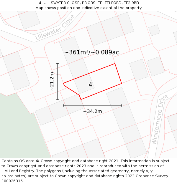 4, ULLSWATER CLOSE, PRIORSLEE, TELFORD, TF2 9RB: Plot and title map