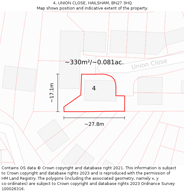 4, UNION CLOSE, HAILSHAM, BN27 3HQ: Plot and title map
