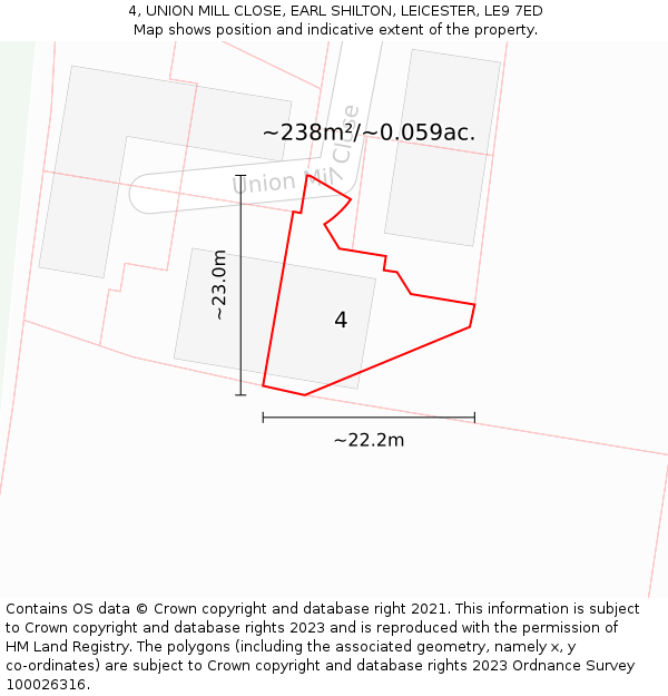 4, UNION MILL CLOSE, EARL SHILTON, LEICESTER, LE9 7ED: Plot and title map