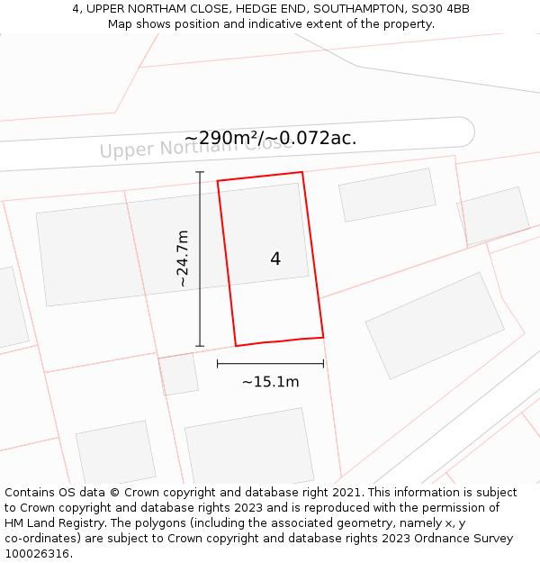 4, UPPER NORTHAM CLOSE, HEDGE END, SOUTHAMPTON, SO30 4BB: Plot and title map