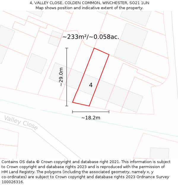 4, VALLEY CLOSE, COLDEN COMMON, WINCHESTER, SO21 1UN: Plot and title map