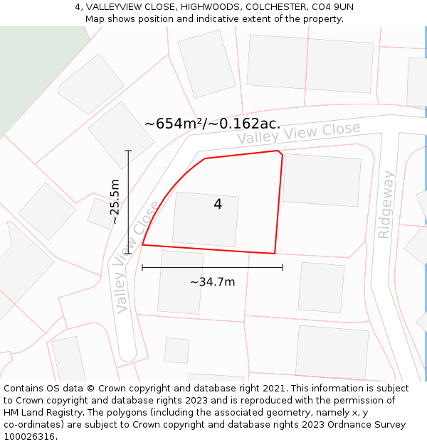 4, VALLEYVIEW CLOSE, HIGHWOODS, COLCHESTER, CO4 9UN: Plot and title map