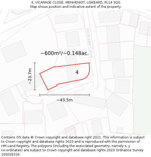 4, VICARAGE CLOSE, MENHENIOT, LISKEARD, PL14 3QG: Plot and title map
