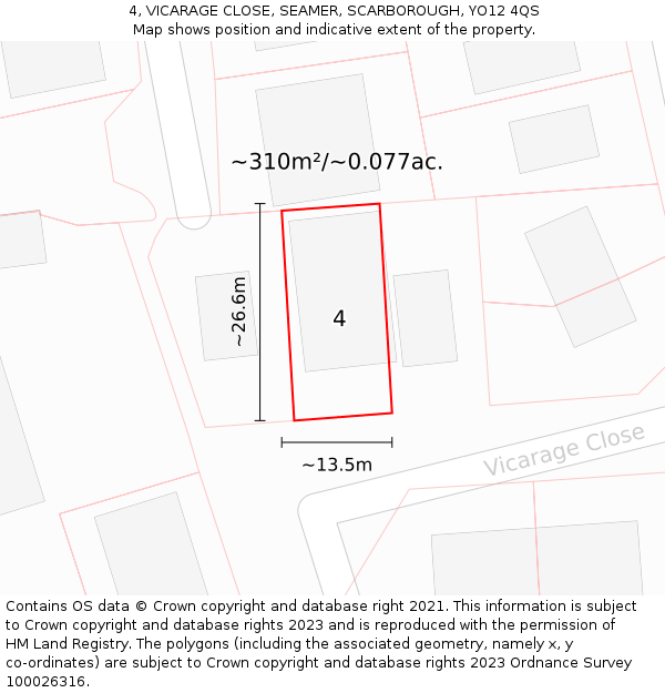 4, VICARAGE CLOSE, SEAMER, SCARBOROUGH, YO12 4QS: Plot and title map