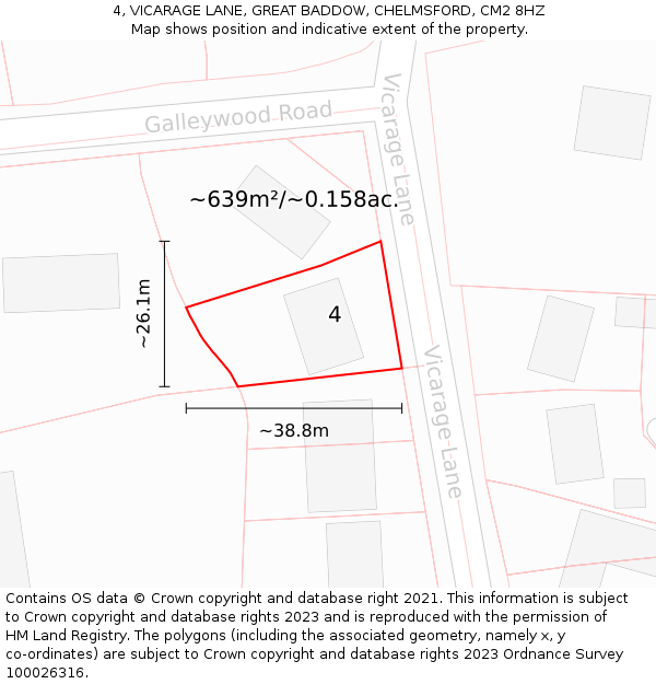 4, VICARAGE LANE, GREAT BADDOW, CHELMSFORD, CM2 8HZ: Plot and title map