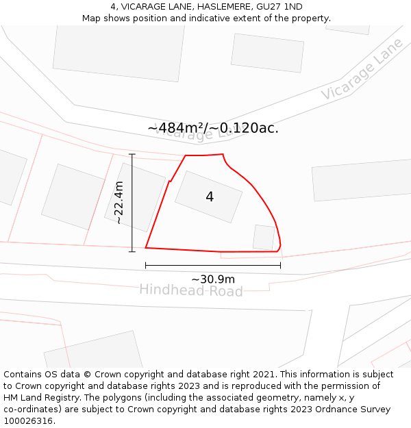 4, VICARAGE LANE, HASLEMERE, GU27 1ND: Plot and title map