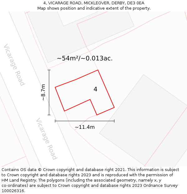 4, VICARAGE ROAD, MICKLEOVER, DERBY, DE3 0EA: Plot and title map