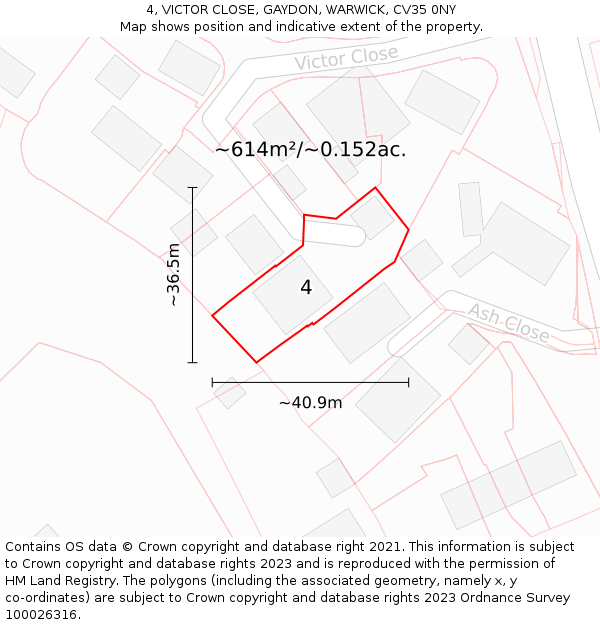 4, VICTOR CLOSE, GAYDON, WARWICK, CV35 0NY: Plot and title map
