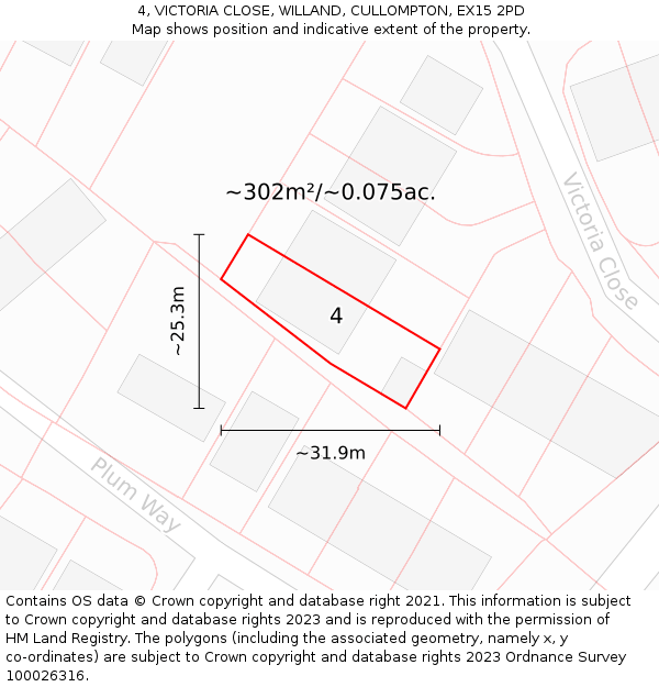4, VICTORIA CLOSE, WILLAND, CULLOMPTON, EX15 2PD: Plot and title map