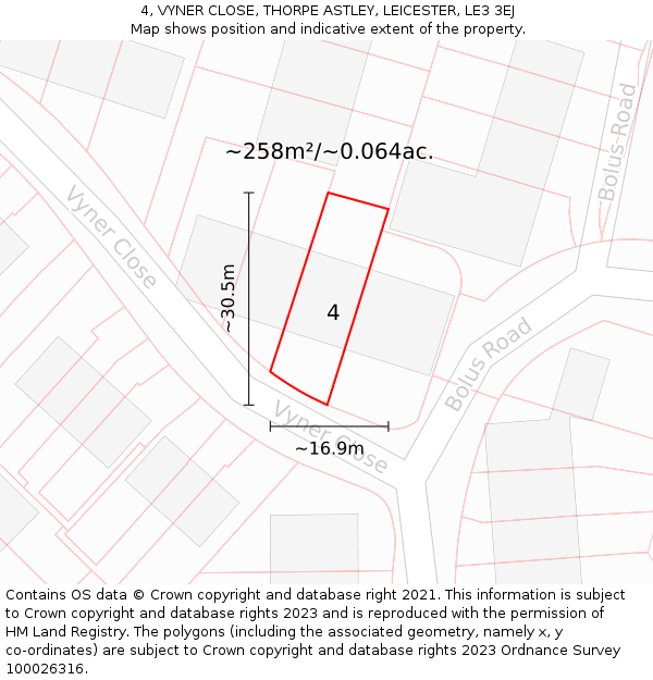 4, VYNER CLOSE, THORPE ASTLEY, LEICESTER, LE3 3EJ: Plot and title map