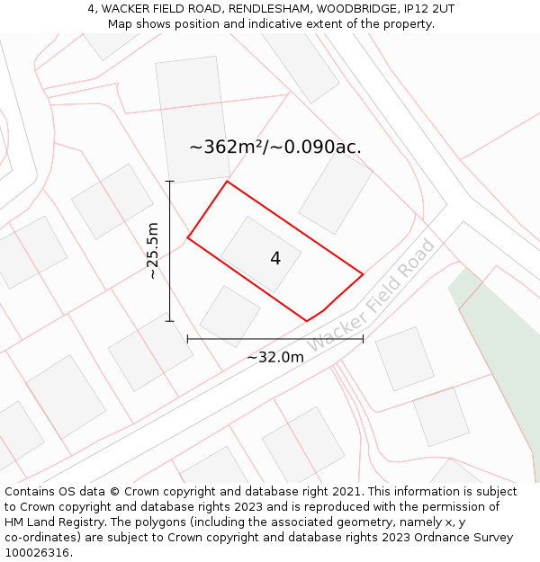 4, WACKER FIELD ROAD, RENDLESHAM, WOODBRIDGE, IP12 2UT: Plot and title map