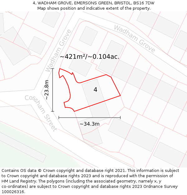 4, WADHAM GROVE, EMERSONS GREEN, BRISTOL, BS16 7DW: Plot and title map