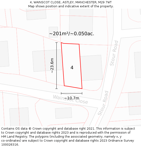 4, WAINSCOT CLOSE, ASTLEY, MANCHESTER, M29 7WT: Plot and title map