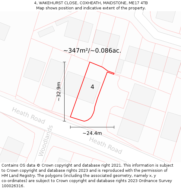 4, WAKEHURST CLOSE, COXHEATH, MAIDSTONE, ME17 4TB: Plot and title map