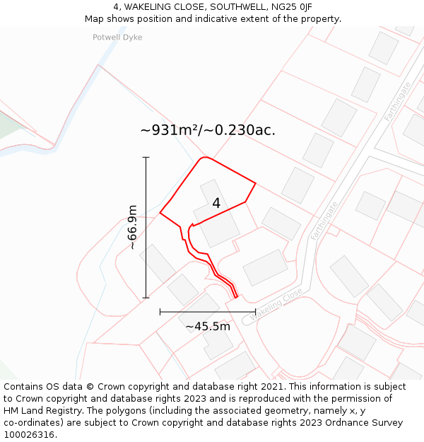 4, WAKELING CLOSE, SOUTHWELL, NG25 0JF: Plot and title map