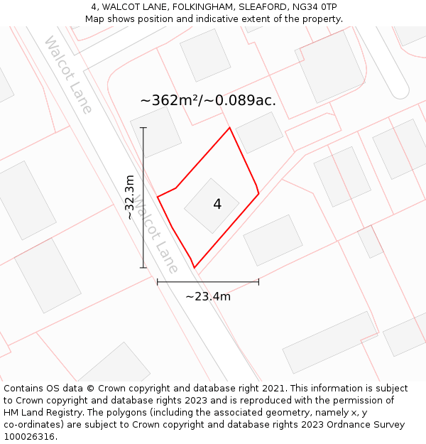 4, WALCOT LANE, FOLKINGHAM, SLEAFORD, NG34 0TP: Plot and title map