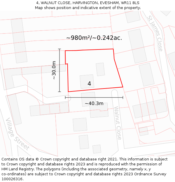 4, WALNUT CLOSE, HARVINGTON, EVESHAM, WR11 8LS: Plot and title map