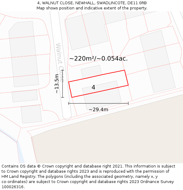 4, WALNUT CLOSE, NEWHALL, SWADLINCOTE, DE11 0RB: Plot and title map