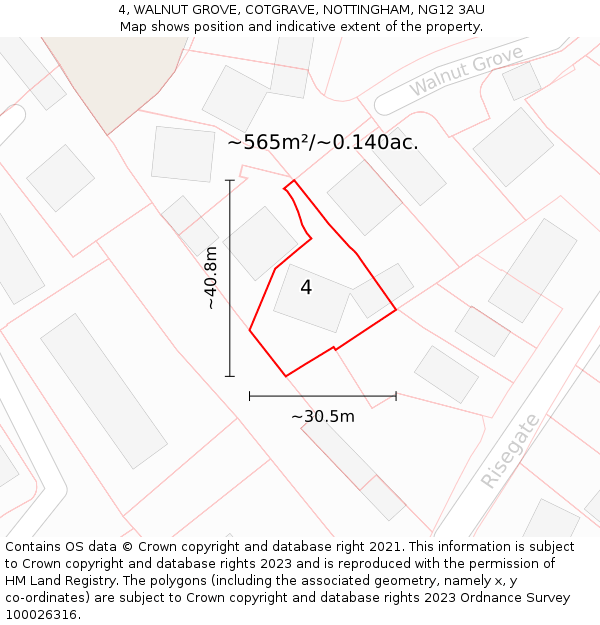 4, WALNUT GROVE, COTGRAVE, NOTTINGHAM, NG12 3AU: Plot and title map
