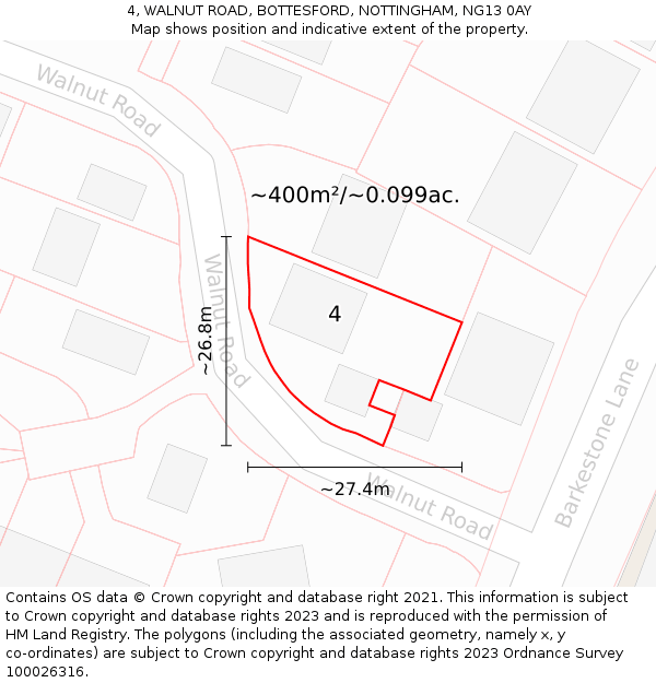 4, WALNUT ROAD, BOTTESFORD, NOTTINGHAM, NG13 0AY: Plot and title map