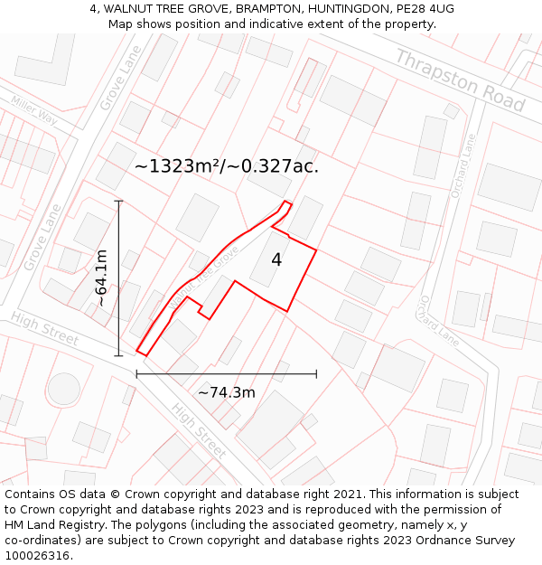 4, WALNUT TREE GROVE, BRAMPTON, HUNTINGDON, PE28 4UG: Plot and title map