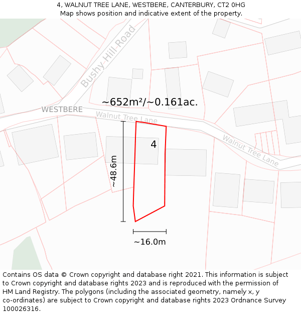 4, WALNUT TREE LANE, WESTBERE, CANTERBURY, CT2 0HG: Plot and title map