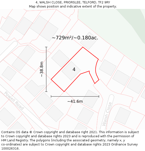 4, WALSH CLOSE, PRIORSLEE, TELFORD, TF2 9RY: Plot and title map