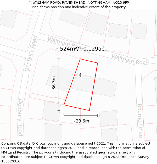 4, WALTHAM ROAD, RAVENSHEAD, NOTTINGHAM, NG15 9FP: Plot and title map